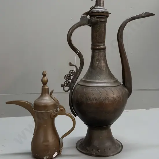 vintage brass and copper middle eastern ewer / vessel with hinged lid H-490 and a Bedouin brass coffee pot, both with