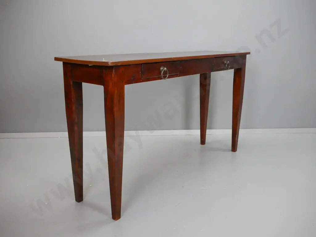 reproduction hardwood hall or narrow serving table, 2 drawers w/ metal ring handles, square tapered legs, pinned Image 1++