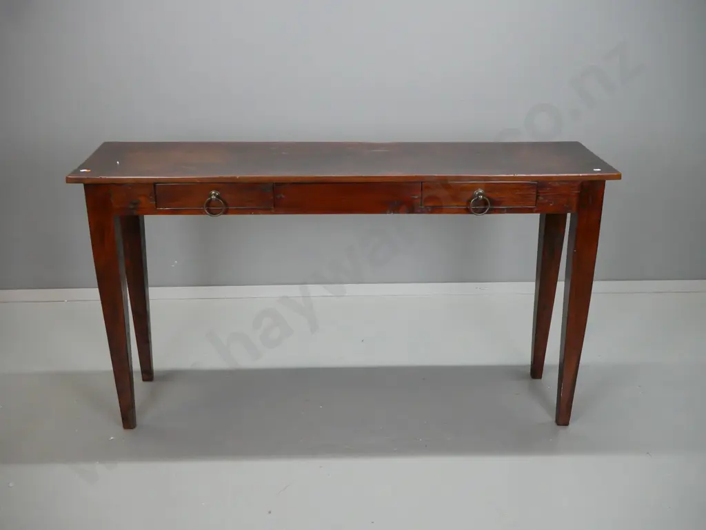 reproduction hardwood hall or narrow serving table, 2 drawers w/ metal ring handles, square tapered legs, pinned Image 1++
