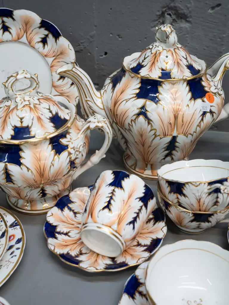 assorted early Victorian china teaware in 3 patterns including cups & saucers, teapot, lidded sugar, plates, etc. Teapot Image 1++