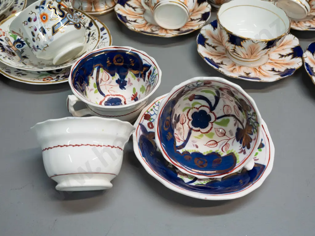 assorted early Victorian china teaware in 3 patterns including cups & saucers, teapot, lidded sugar, plates, etc. Teapot Image 1++