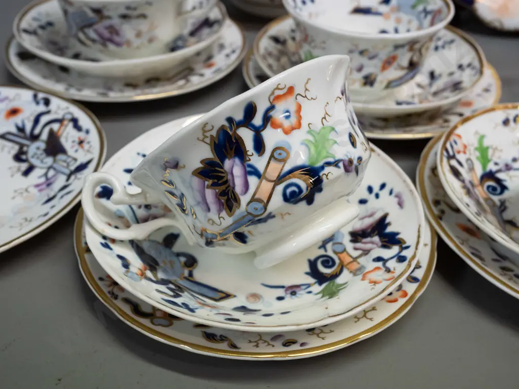 assorted early Victorian china teaware in 3 patterns including cups & saucers, teapot, lidded sugar, plates, etc. Teapot Image 1++