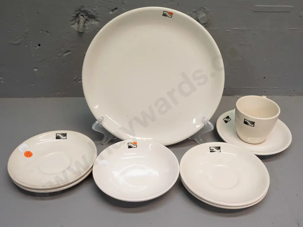 New Zealand Railways / Crown Lynn crockery - large plate D250, small bowl, 1 cup and 5 saucers - some staining and chips Image 1++