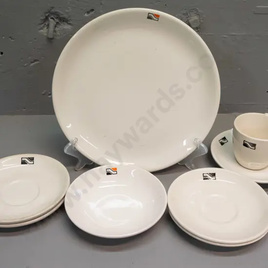 New Zealand Railways / Crown Lynn crockery - large plate D250, small bowl, 1 cup and 5 saucers - some staining and chips