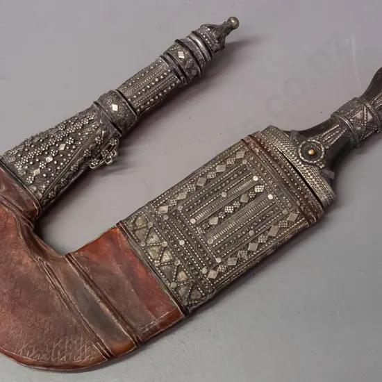 ornate Jambiya / dagger from Sadaa Yemen with metal and horn or timber handle, brass & copper decoration,