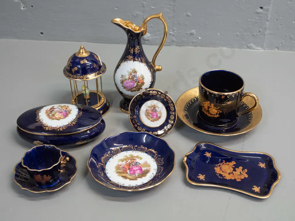 assorted small Limoges cobalt glaze items - jug H-140, demi-tasse cup & saucer, carousel, etc. Image 1++