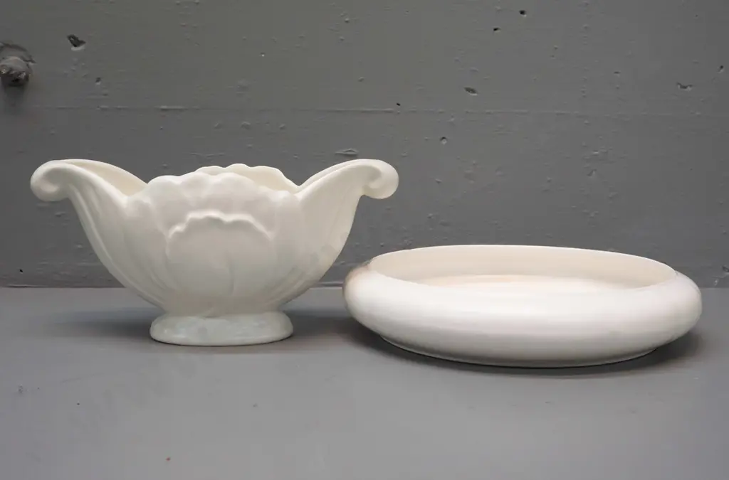 Flair Art Pottery NZ / Crown Lynn float bowl D-265 and a Falcon Ware trough vase Image 1++