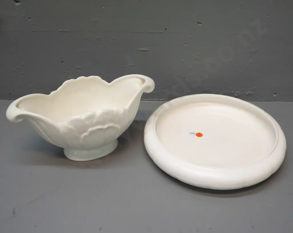 Flair Art Pottery NZ / Crown Lynn float bowl D-265 and a Falcon Ware trough vase Image 1++