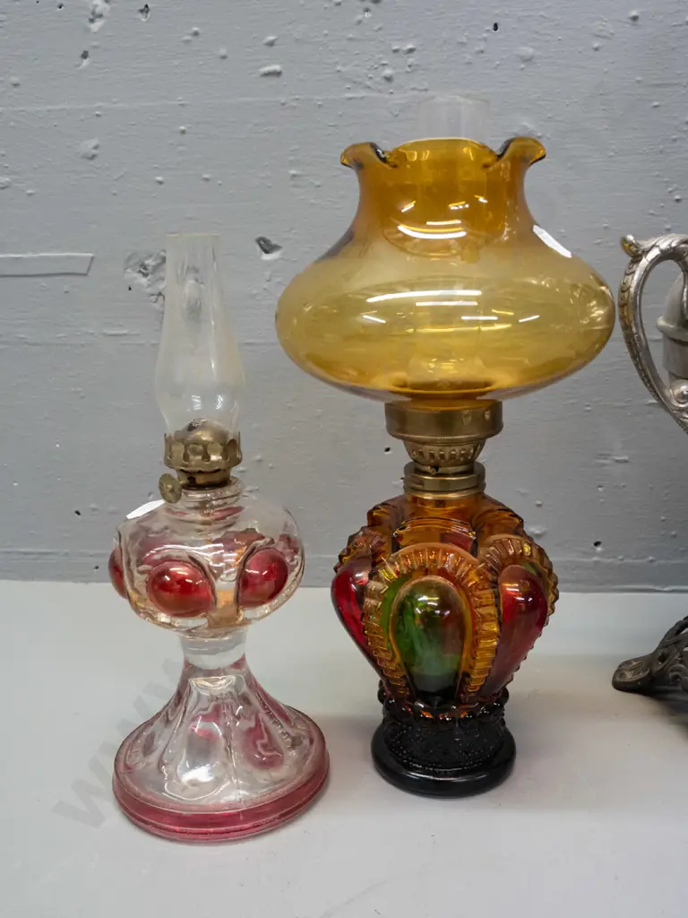4 kerosene lamps: 2 Miller USA, larger one with dents, other w/ timber base added, and 2 coloured glass, all with clear Image 1++