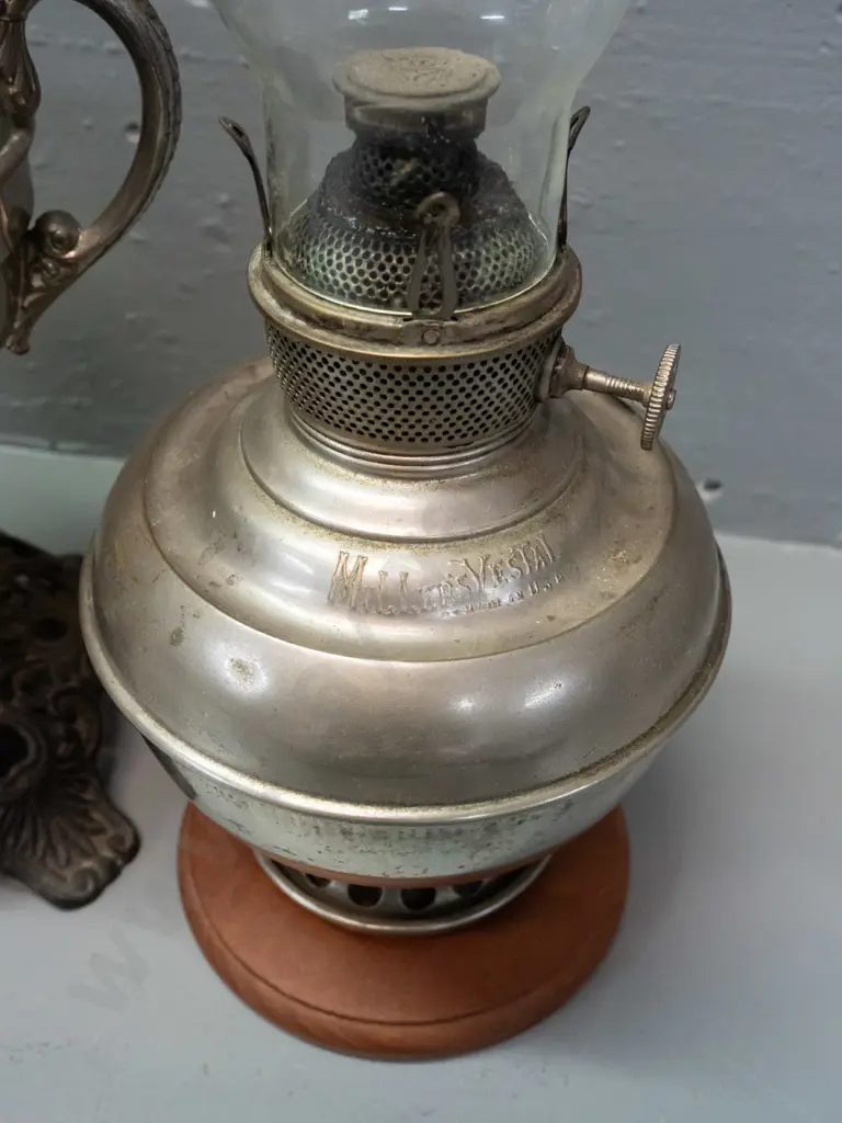 4 kerosene lamps: 2 Miller USA, larger one with dents, other w/ timber base added, and 2 coloured glass, all with clear Image 1++