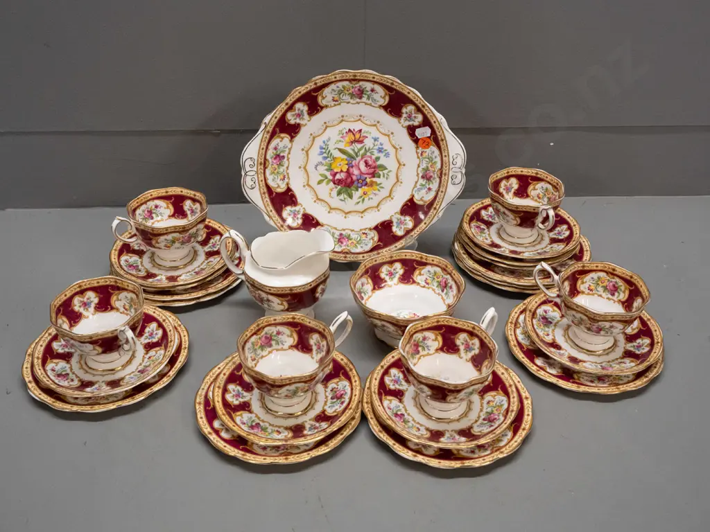 Royal Albert Lady Hamilton 21-piece tea set with 3 extra saucers & plates - some staining to cups, one with chip to foot Image 1++