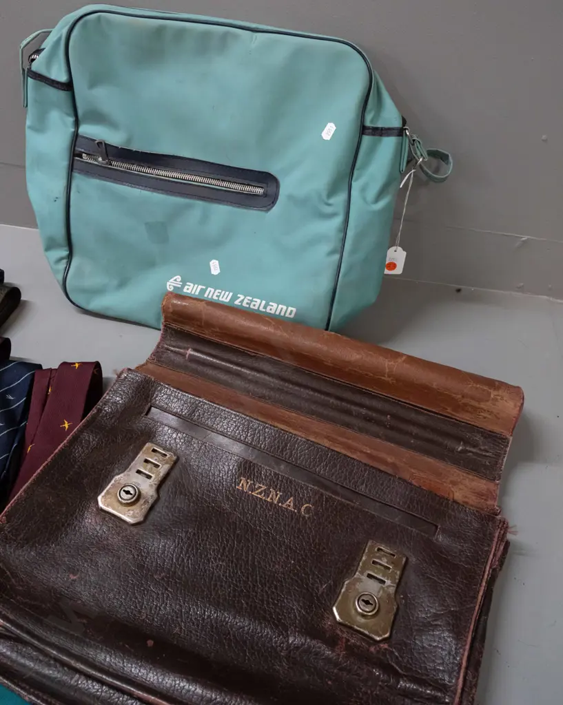 Assorted airways collectable items - leather satchel with NZNAC stencil, retro cabin bag, 10 neckties including Air NZ, Image 1++