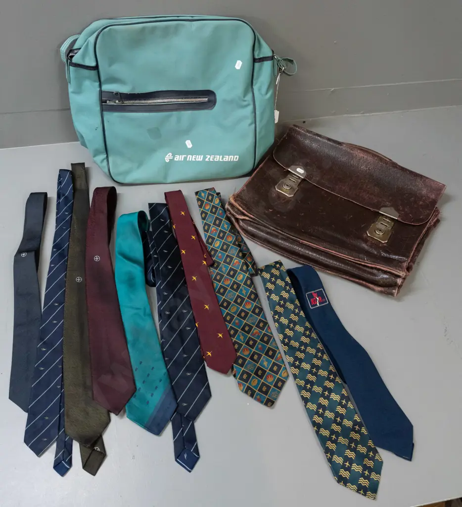 Assorted airways collectable items - leather satchel with NZNAC stencil, retro cabin bag, 10 neckties including Air NZ, Image 1++
