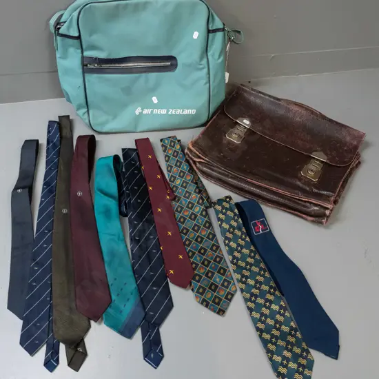 Assorted airways collectable items - leather satchel with NZNAC stencil, retro cabin bag, 10 neckties including Air NZ,