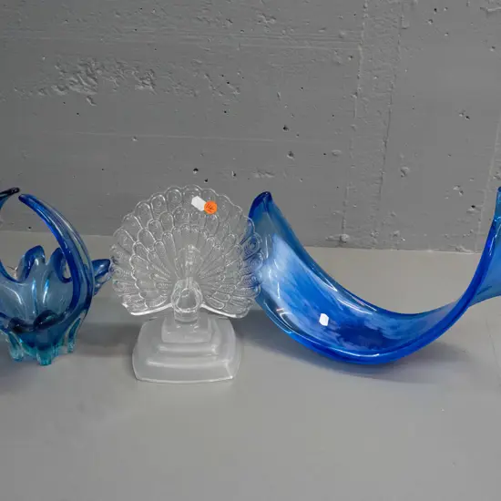 3 glass items - art glass blue and white twist bowl with a few manufacturing flaws, blue basket and a moulded glass