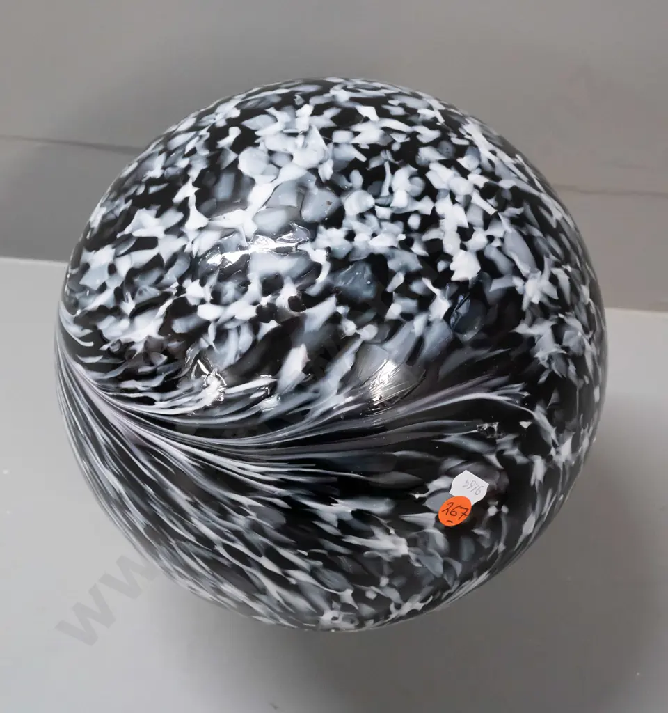 mottled dark purple and white art glass globe with small stem opening - not free-standing, approx. D-240 Image 1++