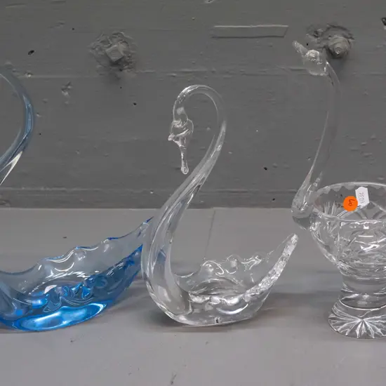 2 art glass swan dishes, one blue H-250 L-220 and one clear, and a cut crystal swan jug