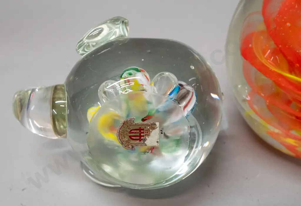 3 art glass paperweights - elephant, teardrop with spiral H-120 and a globe shape with Murphy's NZ label Image 1++