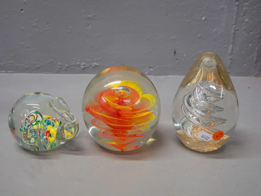 3 art glass paperweights - elephant, teardrop with spiral H-120 and a globe shape with Murphy's NZ label Image 1++