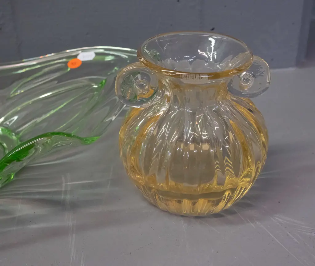 2 glass items - hand blown double handled amber vase and a moulded green shallow bowl L-380 W-270 Image 1++