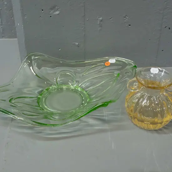 2 glass items - hand blown double handled amber vase and a moulded green shallow bowl L-380 W-270