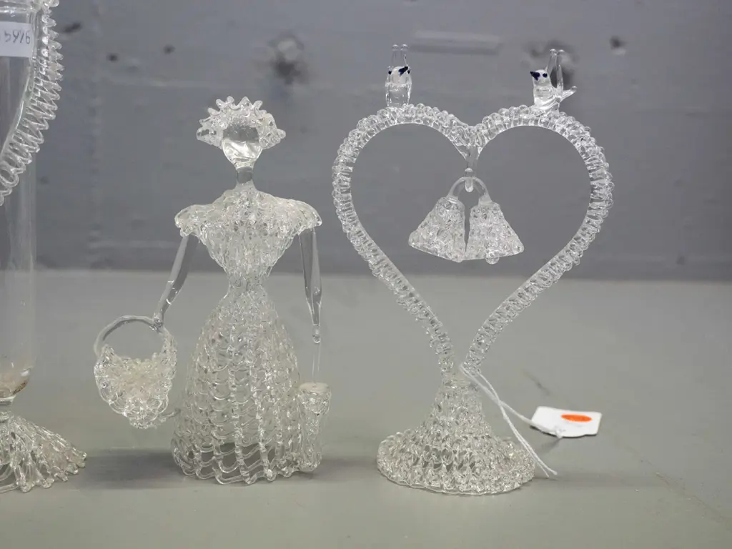 5 spun glass figurines - woman with parasol, spill vase H-165, birds at feeder, swans, etc. Image 1++