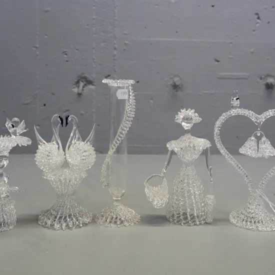 5 spun glass figurines - woman with parasol, spill vase H-165, birds at feeder, swans, etc.