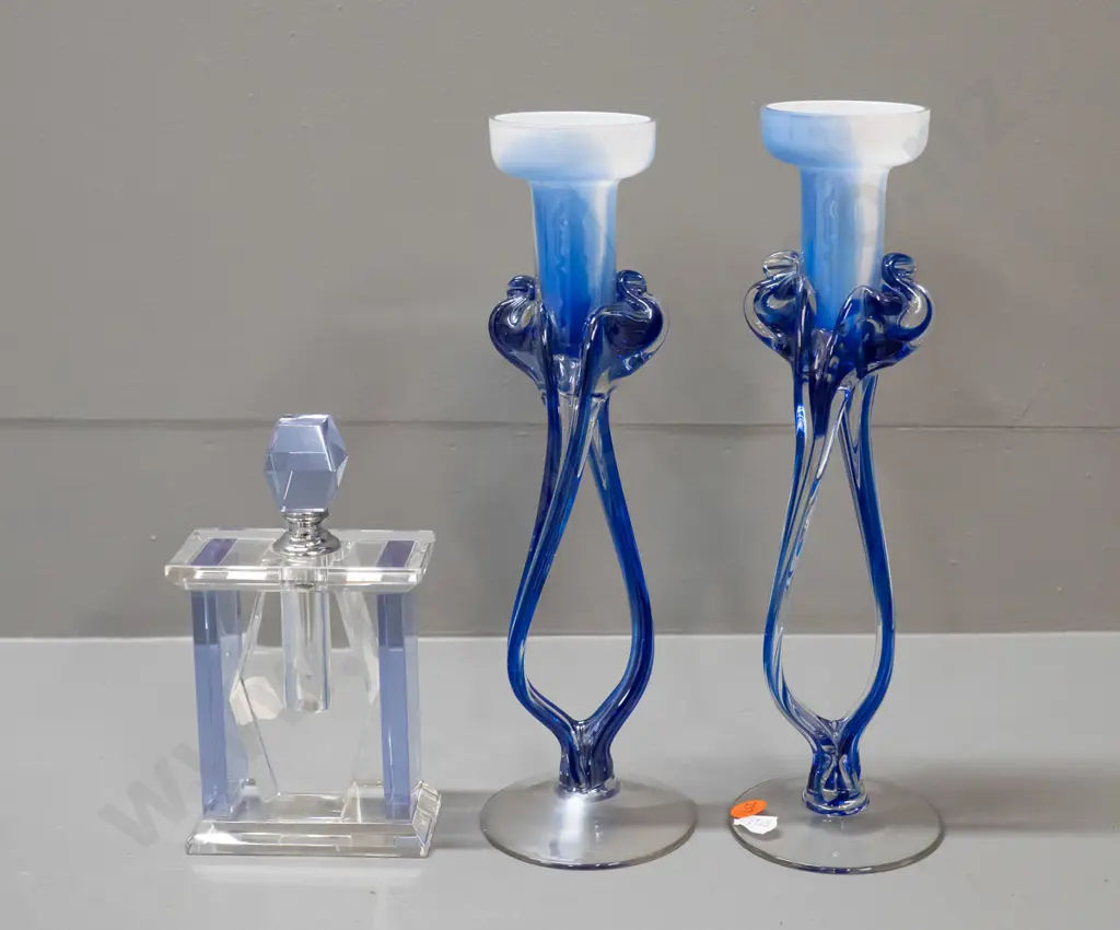 3 pieces of art glass - pair of nouveau style candlesticks H-265 and a faceted scent bottle Image 1++