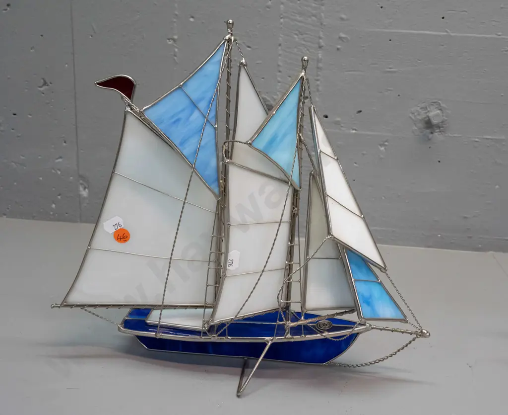 metal and leadlight glass model yacht with fine chain rigging - bow piece is loose, needs resoldering H-320 L-340 Image 1++
