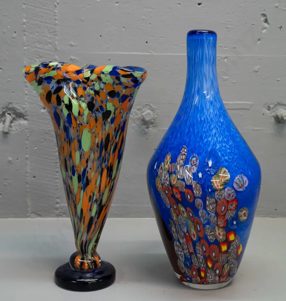 2 heavy art glass vases - blue & red bottle vase with millefiore and yellow swirl decoration, and a multi colour with Image 1++