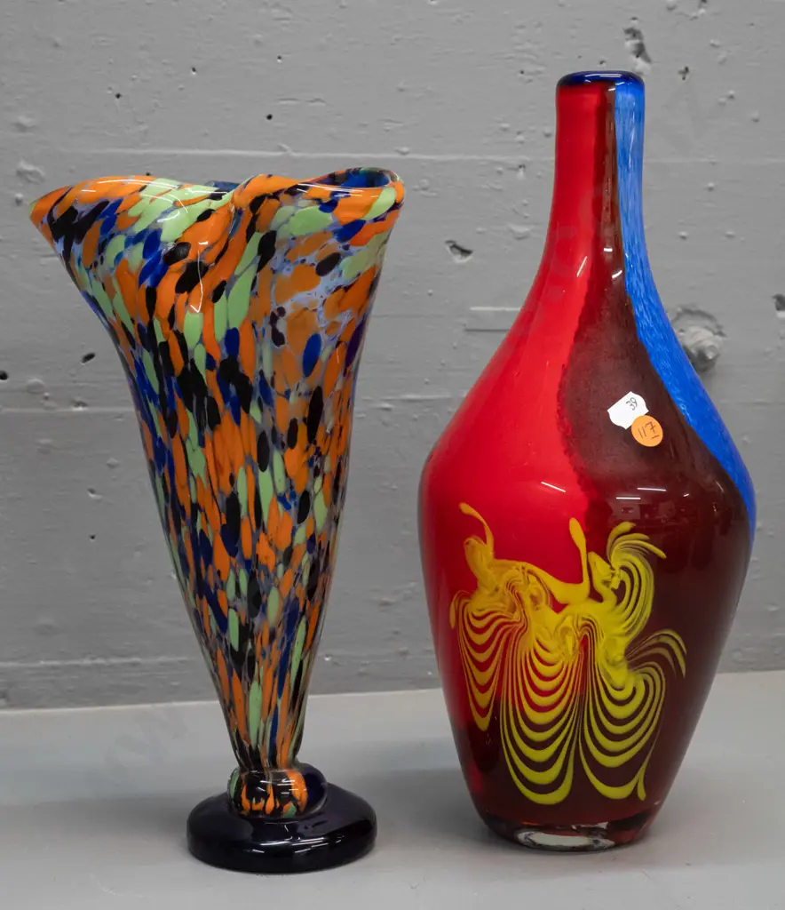 2 heavy art glass vases - blue & red bottle vase with millefiore and yellow swirl decoration, and a multi colour with Image 1++