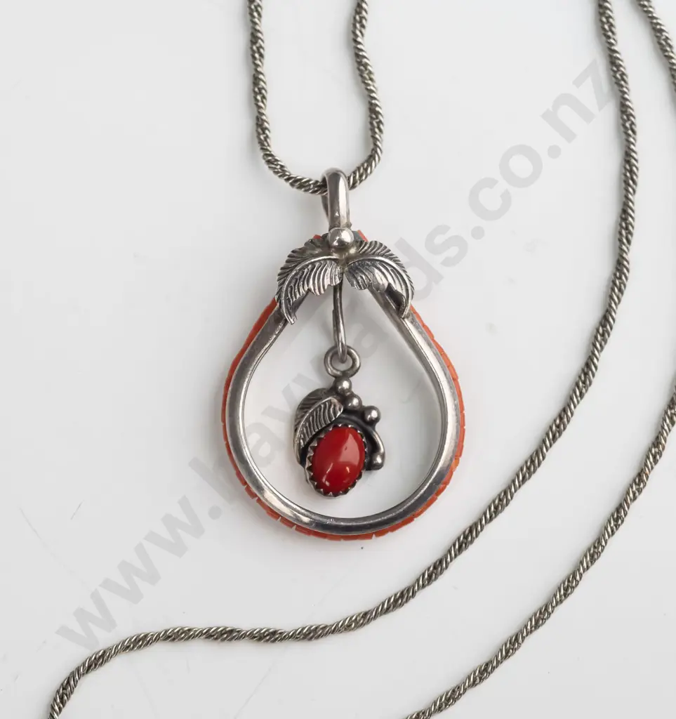 silver & coral necklace stamped sterling Image 1++