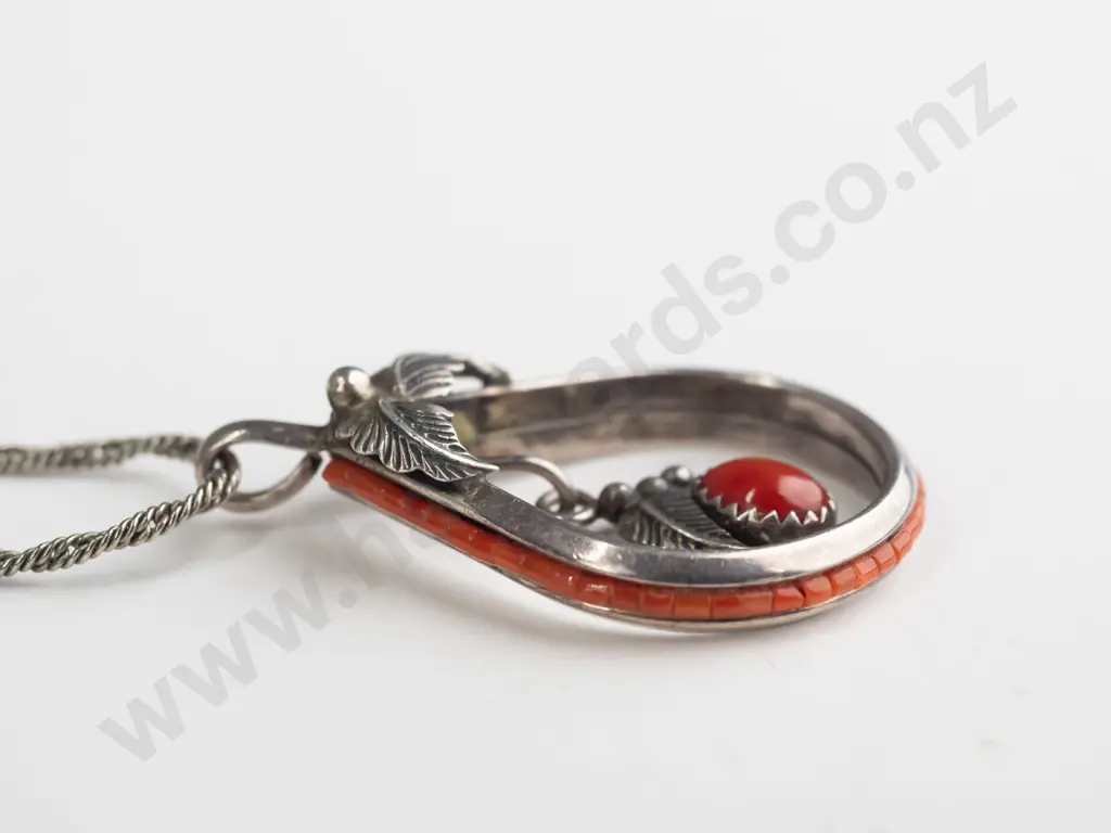 silver & coral necklace stamped sterling Image 1++