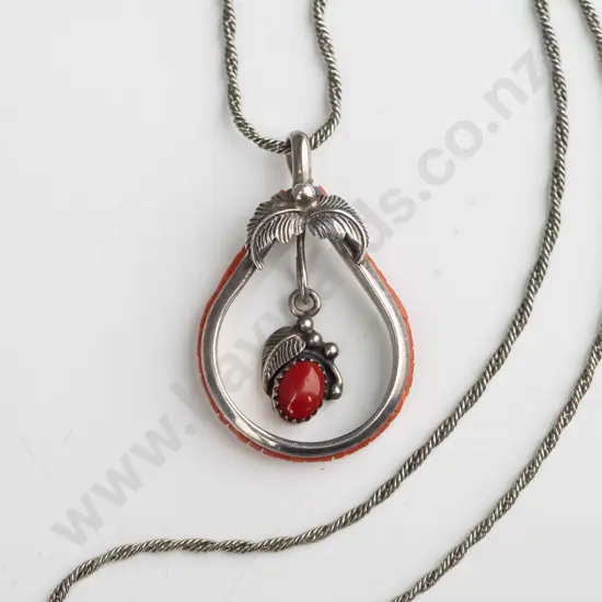 silver & coral necklace stamped sterling