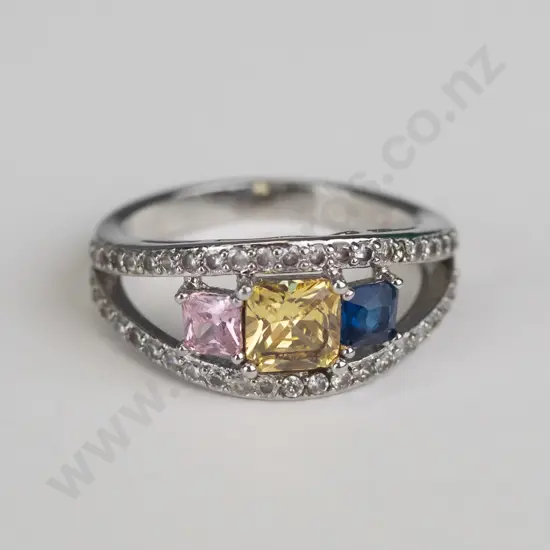 silver dress ring with blue, yellow & pink stones stamped S925