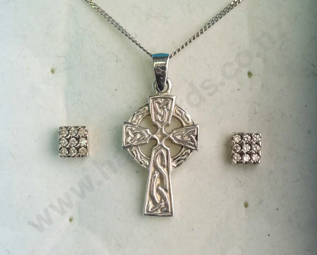 silver cross necklace & pair of silver earrings both stamped Image 1++