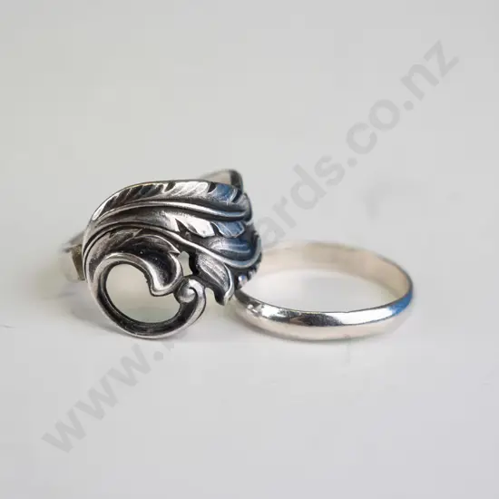 plain silver band stamped 925 & silver ring with leaf swirl no mark