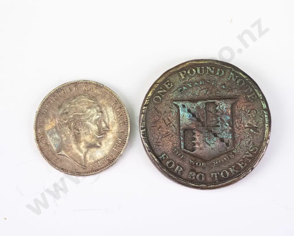 2 coins - large 1913 Birmingham three pence workhouse token and a 1911 German/Prussian 3 mark Image 1++