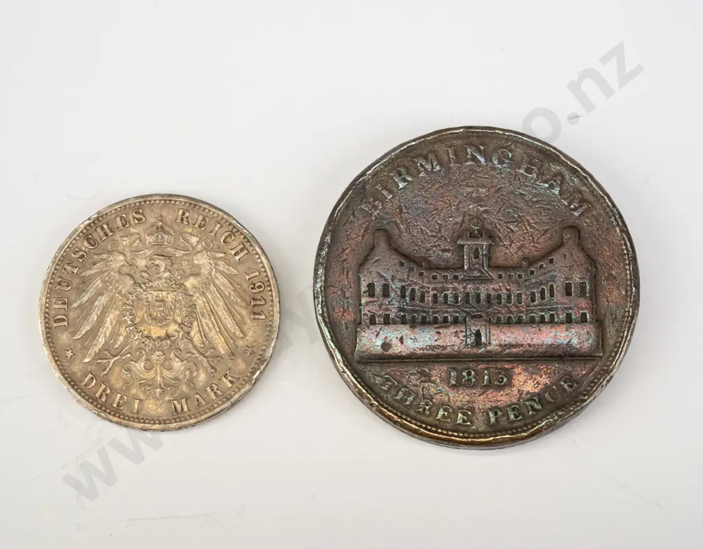 2 coins - large 1913 Birmingham three pence workhouse token and a 1911 German/Prussian 3 mark Image 1++