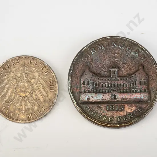 2 coins - large 1913 Birmingham three pence workhouse token and a 1911 German/Prussian 3 mark