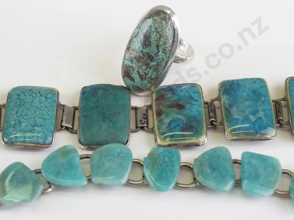 silver bracelet with  tourquoise coloured rectangular stones, stamped stg sil, a ring stamped 925 & a smaller tourquoise Image 1++