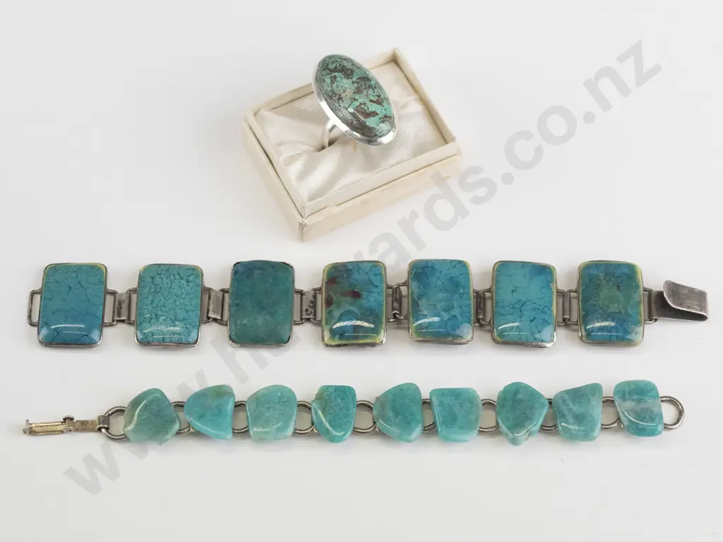 silver bracelet with  tourquoise coloured rectangular stones, stamped stg sil, a ring stamped 925 & a smaller tourquoise Image 1++