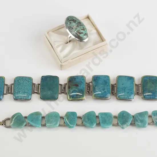 silver bracelet with  tourquoise coloured rectangular stones, stamped stg sil, a ring stamped 925 & a smaller tourquoise