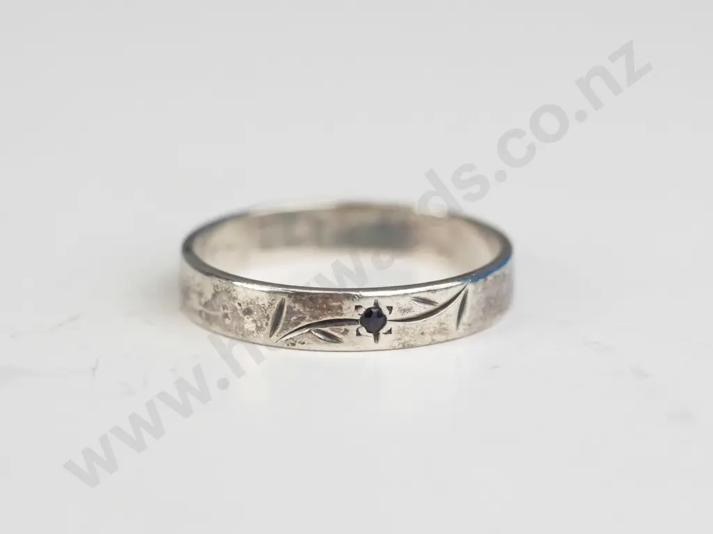 silver ring with engraving & 1 blue stone stamped stg sil Image 1++