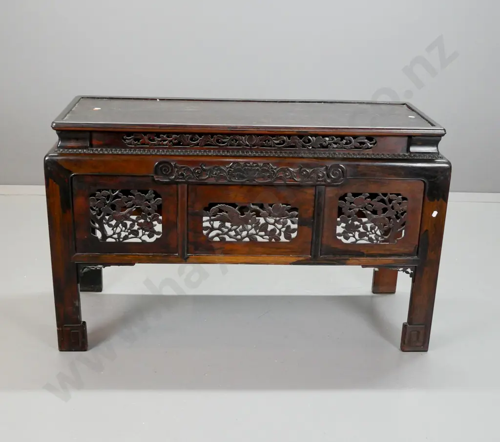Chinese pagoda-top mixed hardwood altar / hall table with 3 pierced panels with bird and tree motifs, original carved Image 1++