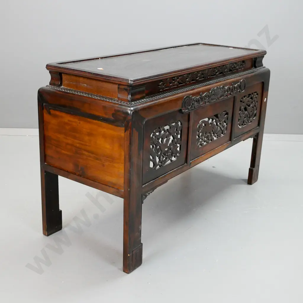 Chinese pagoda-top mixed hardwood altar / hall table with 3 pierced panels with bird and tree motifs, original carved Image 1++