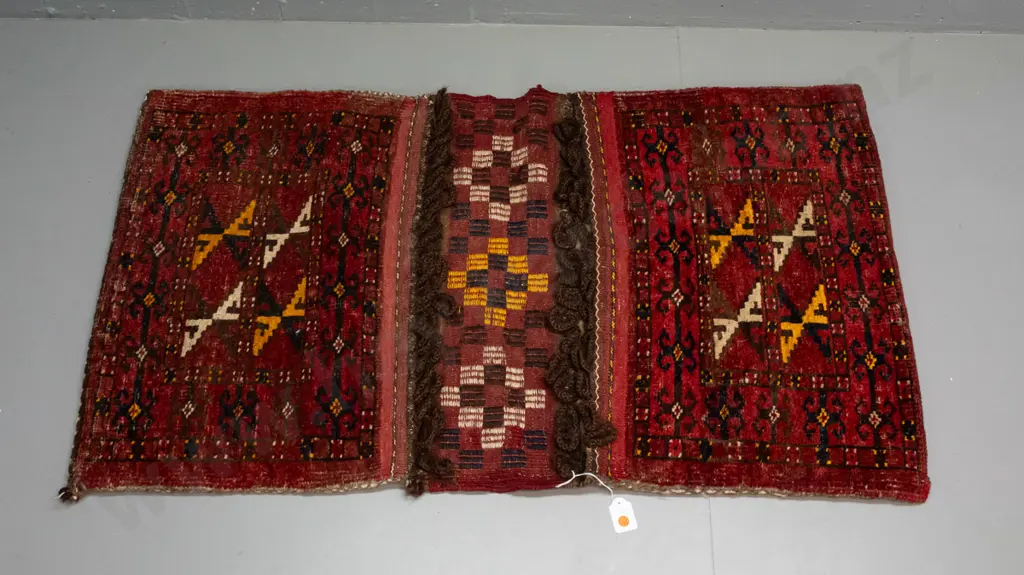 hand knotted wool Persian style saddle bag - geometric pattern red, dark blue, saffron etc - some wear to bottom edges Image 1++