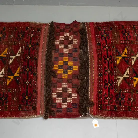 hand knotted wool Persian style saddle bag - geometric pattern red, dark blue, saffron etc - some wear to bottom edges