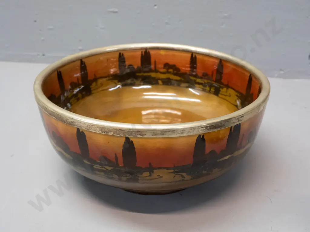 Royal Doulton sunset landscape pattern bowl with silver plated rim D-260 &  a Delton Ware Burslem AOF jug with green rim Image 1++