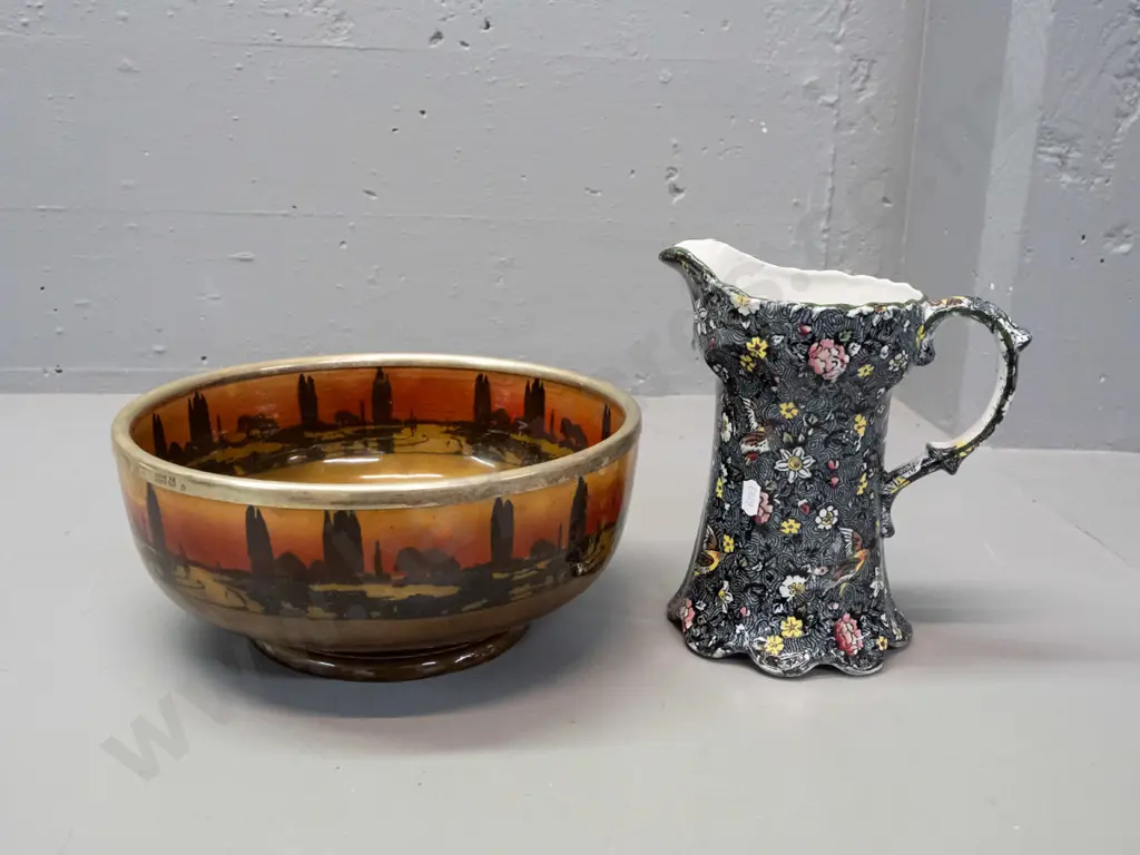 Royal Doulton sunset landscape pattern bowl with silver plated rim D-260 &  a Delton Ware Burslem AOF jug with green rim Image 1++